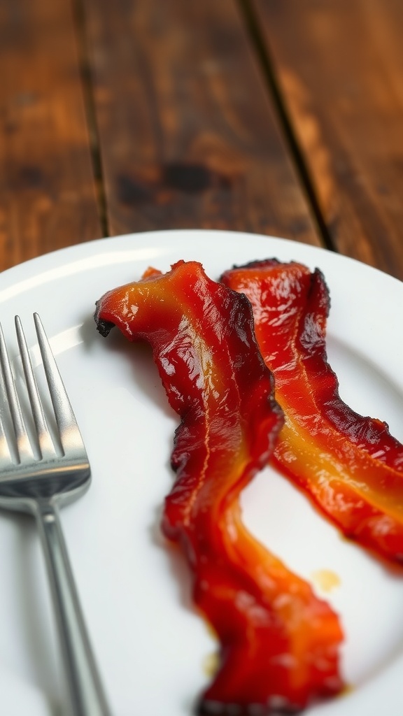 A crispy slice of bacon on a white plate with a fork on a rustic table.